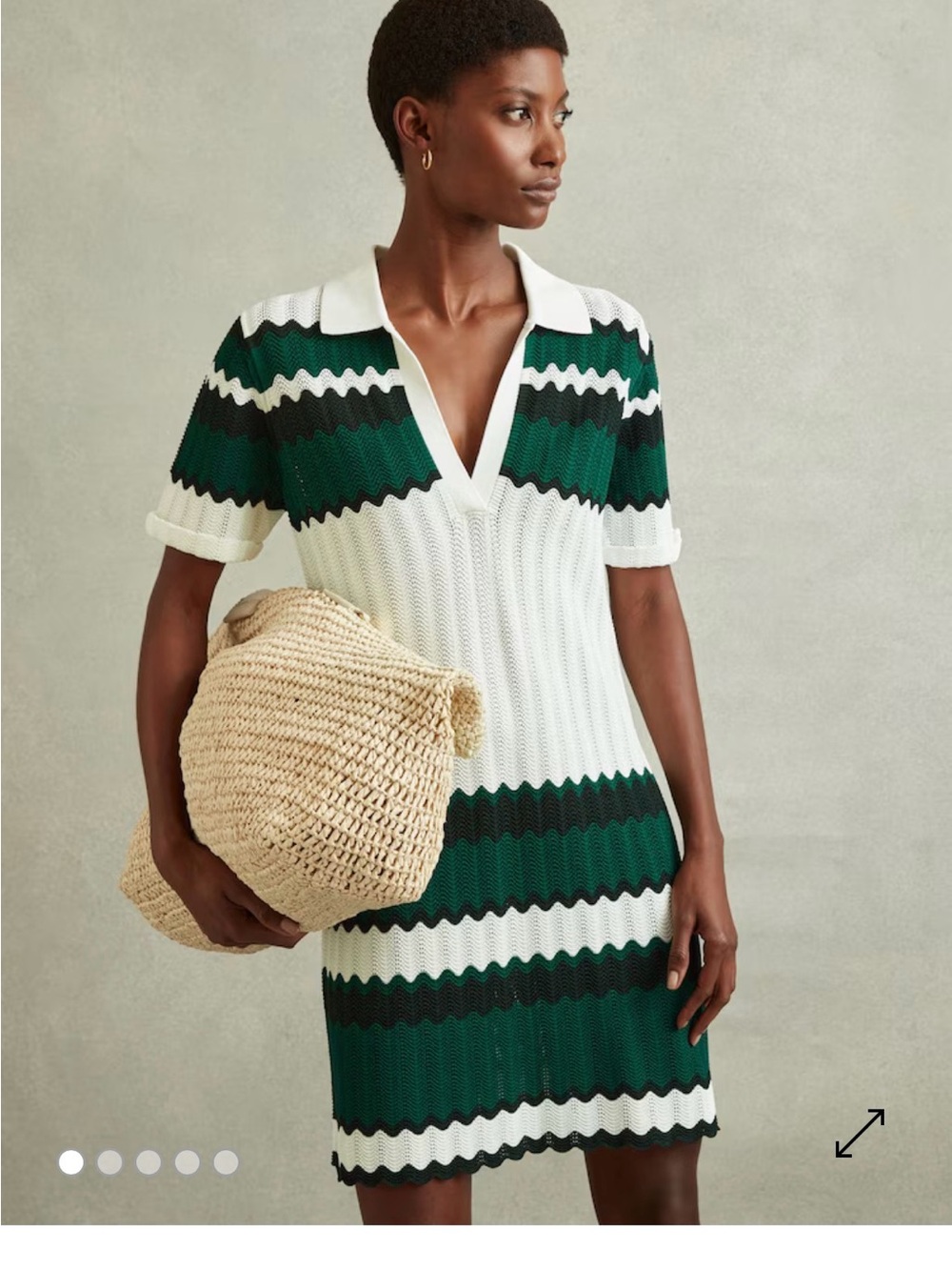 Reiss White, Dark Green & Black Knit Short Sleeve Tunic Dress
